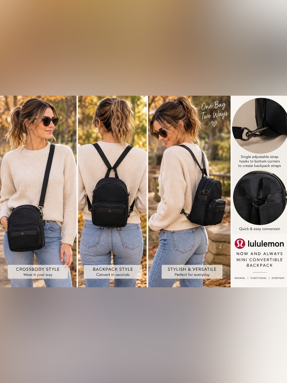 Lululemon Now & Always Mini Convertible Backpack Crossbody Black EUC
